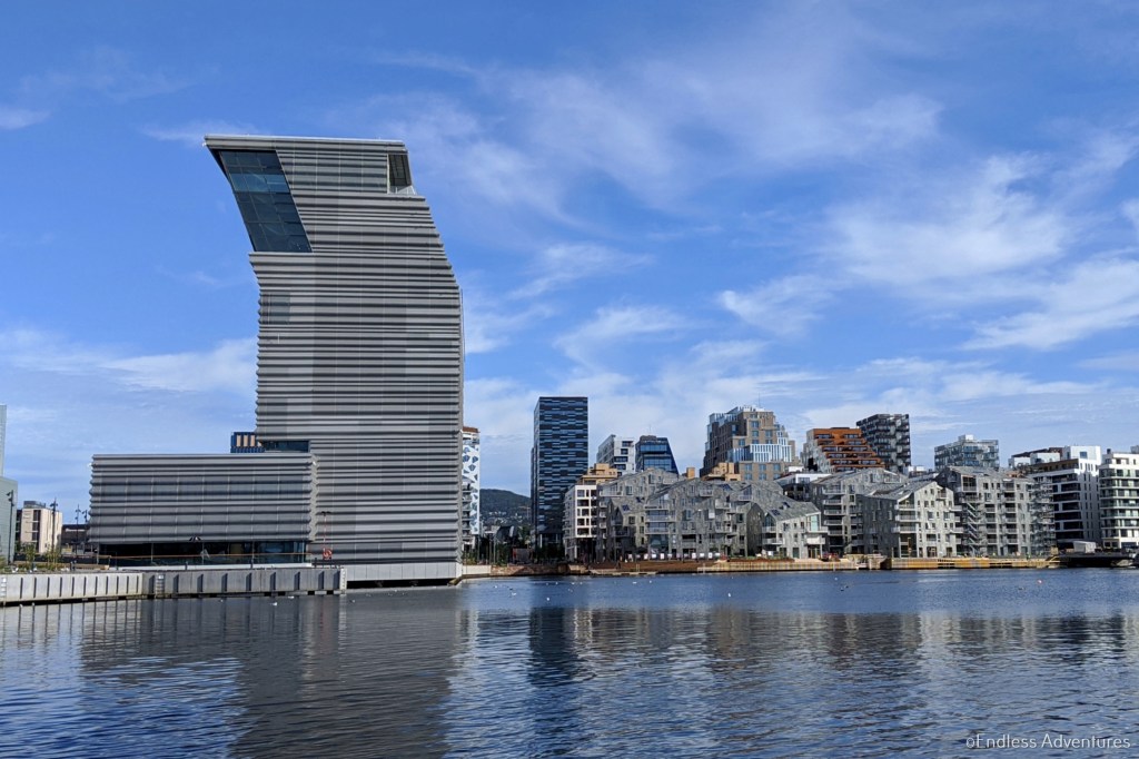 Modern waterfront buildings reflected in the water at Bjørvika, Oslo