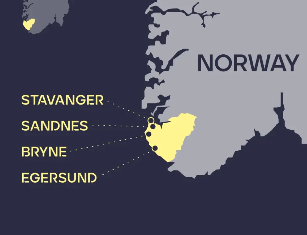 A map of southwestern Norway highlighting the Rogaland region
